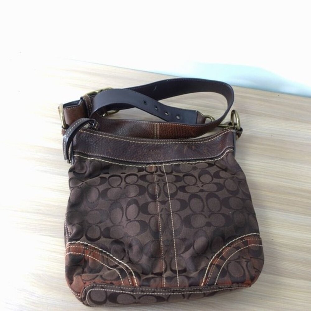 Coach‎ Crossbody Bag Brown Leather Purse Canvas Monogram Classic Japan